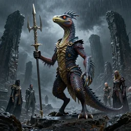 a reptile bird chimera hybrid with claws fangs bristles feathers tails wearing surreal clothes wielding excalibur, on a dark alien world with imposing stone ruins, during a hail storm, in the style of boris vellejo, julie bell, giger, gerald brom, leng jun, fantasy, dramatic studio lighting, science fiction, octane render 8 k
