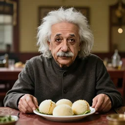 a portrait of albert einstein sitting at the dining table with a plate containing puttu in front of him, highly detailed, trending on artstation, bokeh, 9 0 mm, f / 1. 4
