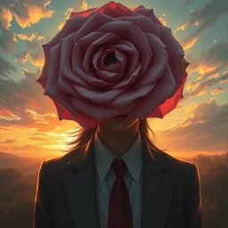 closeup, massive rose flower head, frontal, girl in a suit, surreal photography, sunrise, dramatic light, impressionist painting, digital painting, artstation, simon stalenhag