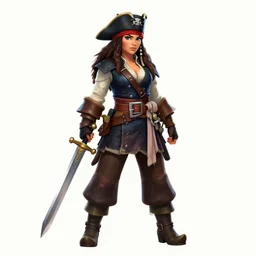 a female pirate captain with a sword and large clothes, Hearthstone official splash art, smallest waist, widest hips, full body, small head, SFW, SFW