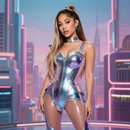 ariana grande in a retrofuturistic city, retro futuristic fashion, photography award winning,