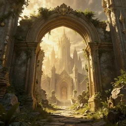 overgrown ruined archway into a magical city, beautiful, intricate, detailed, golden light, 3 d render