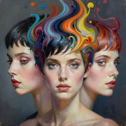 fantastic extraordinary beautiful women with short haircut into fluid infinity variations of colours mass, close - up, piotr jablonski, jeff dekal, jeff simpson, intricate details, hyperrealistic oil painting on canvas, deep depth field, hd, hdr, 4 k, 8 k