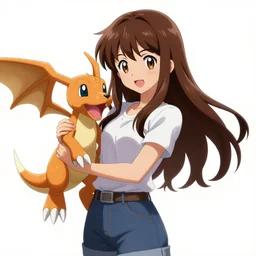 digimon, brunette girl holding agumon, concept art, illustration, artstation