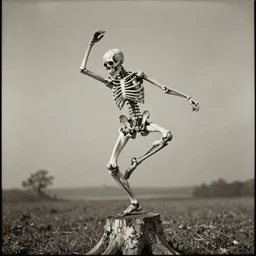 bone man dancing on a stump, old photo