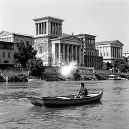 movie still of a man on a small boat on a river with vertical ancient city backround, cinestill 8 0 0 t 3 5 mm, b & w, flares, neoclassical architecture, ancient high buildings, classical temples