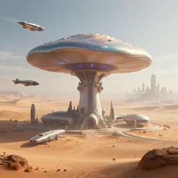 a futuristic image of an alien desert with a gigantic mushroom shaped spaceport with spaceships flying, fine detail, by James clyne and Andrée Wallin, foggy, cyberpunk city in the distance, iridescent, artstation, CG society, Ariel view, concept art, extra wide angle, morning light