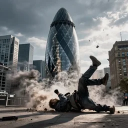 gherkin in london falling over onto its side after a controlled demolition