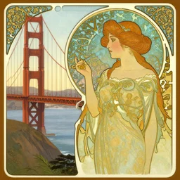 art nouveau! style, woman overlooking, golden gate bridge! first pillar!!! in the background, early 1 9 0 0 s!!