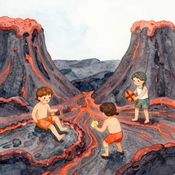 watercolor illustration of kids playing in lava
