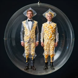 formal portrait photograph of a man and his brother, who is a gargantuan sculpture made of popcorn and melted cheese. the two men are shrink wrapped in translucent squid mantle. they are standing in a glass sphere floating midair