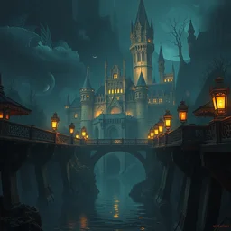 burning wood bridges next to grand gothic castle night by greg rutkowski craig mullins ross tran mucha levitating lanterns lumen reflections matte painting fantasy specular lighting trending on artstation