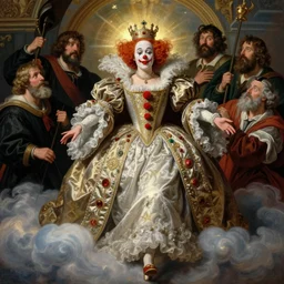 art masterpice, comical clown faced queen elizabeth descending from the clouds, intricate, beautiful cinematic lighting, stunning painting by artgerm, caravaggio, android jones, wadim kashin
