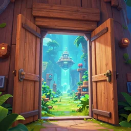 open door wood wall fortress airship greeble block amazon jungle on portal unknow world ambiant fornite colorful radiating a glowing aura global illumination ray tracing hdr fanart arstation by sung choi and eric pfeiffer and gabriel garza and casper konefal
