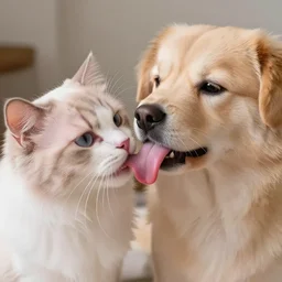 cat and dog licking each other, cute, trending on Artstation, long tongue, (pink colors), trending on Twitter, trending on Instagram, very beautiful fur, perfect animal, photorealistic, close-up, 35mm