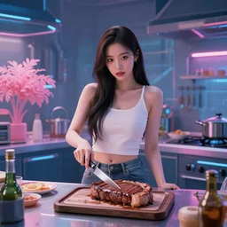 lee jin - eun cooking a steak in a cyberpunk kitchen theme next to a pink plant by greg rutkowski, claude monet, conrad roset, takato yomamoto, rule of thirds, seductive look, beautiful