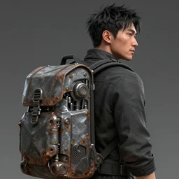 a concept art illustration, portrait, close up shot, back view, an asian man with a mechanical rusty backpack biome, low angle shot, style by dylan cole and feng zhu and wlop, unreal engine, trending in artstation, octane render, ultra sharp, 8 k