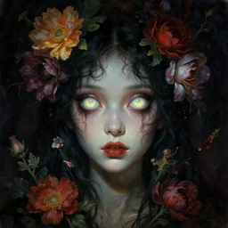 baroque neoclassicist close - up sci - fi portrait of a young horror witch girl overgrown with flowers and big glowing eyes. iridescence. dark black ominous background, glowing atmosphere. highly detailed science fiction horror fantasy painting by norman rockwell, frank frazetta, and syd mead. rich colors, high contrast, gloomy atmosphere. trending on artstation and behance.