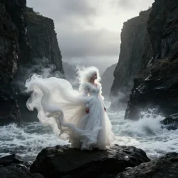 1 9 7 0's artistic spaghetti western movie, a woman in a giant billowy wide flowing waving dress made out of white smoke, standing inside a dark irish rocky scenic cliffside landscape, crashing waves and sea foam, volumetric lighting, backlit, moody, atmospheric
