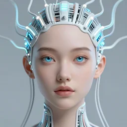 very beautiful woman, bionic pupils, full face frontal centered, portrait, abundent detailed intricate symmetrical ornate electricity neon cables connected to head, clear lips, luxurious long hair, sophisticated abunden!! neon wiring and implants, translucent!, porcelain, fractal, sci - fi, dramatic lighting, photography, highly detailed, artstation, deviantart, 8 k, by chie yoshii