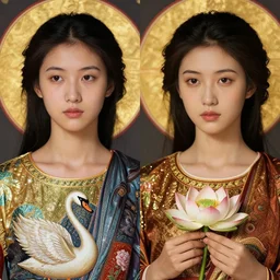portrait of 2 different asian looking girls close up one look away one is holding lotus flower in iconography style theophanes the greek glitter chinese ornament dress swan