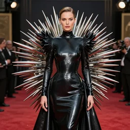 latex dress, blade runner, huge spikes, award show, high - end photoshoot, rembrandt lighting