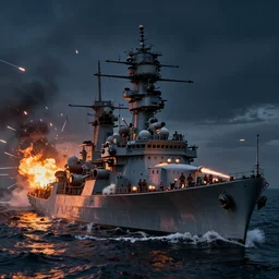 a naval battle far away with battleships and torpedoes in the night with fire and bullet tracers flying and black smoke, octane render, hyper-realistic, 8k, 4k, insanely detailed intricate, high detail, high definition, photorealistic,