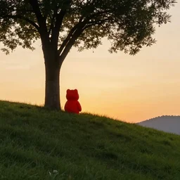 a red creature near a tree on a hill at sunset, 4 k