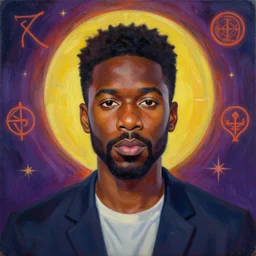 portrait of donald glover by mandy jurgens, cartoon, oil painting, visionary art, symmetric, magic symbols, holy halo, dramatic ambient lighting, high detail, vibrant colors,
