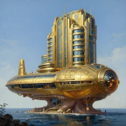 the atlantis paradise, a retro futuristic spaceship made of brass bronze gold, art deco influence, hotel style design. bioshock, starship titanic, beautiful clear well composed painting by artgerm and greg rutkowski.
