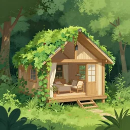 ( ( dither ) ), illustration angled view at a cozy cabin designed by zaha hadid, lush overgrowth, foliage, vines, fog, colorful, modern, mads berg, karolis straututniekas. ( ( christopher balskas ), strong perspective, cover art, lomography, dramatic lighting, risograph