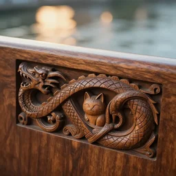 seinen manga scanstation 3 5 mm closeup of realistic wood carving norse style knots and midgaar wyrm in walnut church bench, full carving, intricate, hidden smiling cat easteregg, tokyo film still, 8 k, bokeh, sunset, water caustics