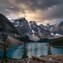 beautiful photo of a canadian landscape of mountains with lake and a dead tree in the foreground by marc adamus, dramatic sky, cinematic lighting, natural colors, flickr, wide angle lens