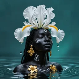 hyperrealistic postmodern cinematic very beautiful! black oshun goddess with white! iris, in water, yoruba body paint, mirror dripping droplet!, gold flowers, highly detailed digital art masterpiece, smooth robert steven connett eric zener dramatic teal light, ground angle uhd 8 k, sharp focus