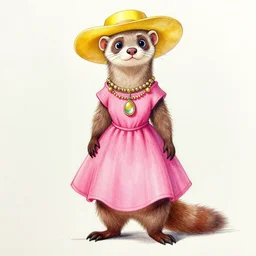 detailed fashion sketch : female ferret character : wearing jewelry : wearing a pink dress : wearing yellow hat : head torso legs feet : lorax movie : artstation