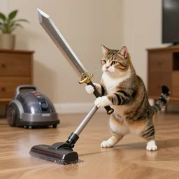 a cat wielding a greatsword while fighting a vacuum cleaner