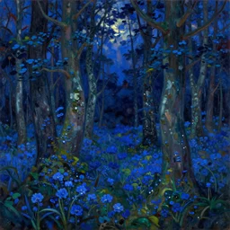 painterly dreamy forest with trees, deep blue flowers and midnight sky by Mikhail Vrubel, dark fantasy, witcher 3, oil painting, masterpiece