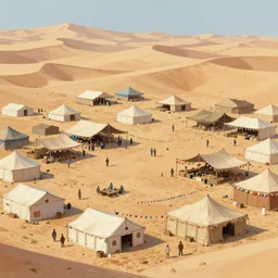 The concept art design depicts a tent bazaar in a Middle Eastern desert region. Soft colored canvases make up the tents. The tents are interspersed with colorful streamers. by greg rutkowski and Greg Hildebrandt .4k high detail.Epic Light . artstation