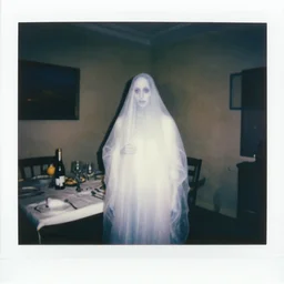 coloured atmospheric polaroid photo of a realistic wraith translucent anthropomorphic figure in a dining room low light atmospheric