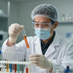 hyperrealism hyperrealistic portrait style where a scientist appears using test tubes
