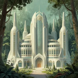 art deco scientific research facility of massive proportions in a forest, illustration by yoann lossell, raphael lacoste
