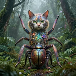 android character :: giant iridescent mix between a feline and bug in lush jungle, raining, foggy, moody, :: Dan McPharlin Daniel Merrian :: ornate, dynamic, particulate, rich colors, intricate, elegant, highly detailed, centered, artstation, smooth, sharp focus, octane render, 3d