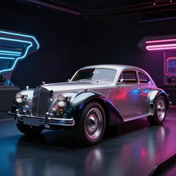 scifi upgrade of a classic vintage car, award winning photo, 4 k, very detailed, photolab, lighting, dark background, neon colors