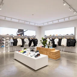 hyperdetailed. large nike boutique flagship retail. white walls. polished concrete floor. display tables with colorful shoes and varied clothes. bright digital screens on walls. low ceilings with downlights and spots. white corian and oak furniture. plants. muted colors.