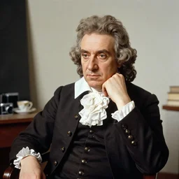 casual photograph of a wolfgang goethe sitting in a studio room pensively, with the poise and appearance of the ( ( ( ( ( ( ( ( pulcinella, ) ) ) ) ) ) ) ) taken in 1 9 4 5 with a digital camera, full color, head shot