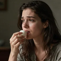 a woman eating the last egg while looking sad, realistic photo,