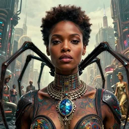 realistic detailed closeup portrait movie shot of a beautiful black woman on a giant spider, dystopian city landscape background by denis villeneuve, amano, yves tanguy, alphonse mucha, max ernst, ernst haeckel, edward robert hughes, roger dean, cyber necklace, rich moody colours, sci fi patterns, wide angle