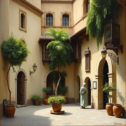 high - quality romantic painting of a moorish courtyard in granada by francois - antoine bossuet, street scene, very detailed, peaceful, 1 8 4 5, oil on canvas.