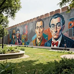 city park surrounded by a tall defense wall. art in cyberpunk style by dali, and vincent di fate
