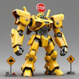 giant mecha gladiator made of yellow road signs, red stop sign on its head, character design trending on artstation, mecha, unreal engine, octane render, detailed model, hardsurface modelling, heavily stylized